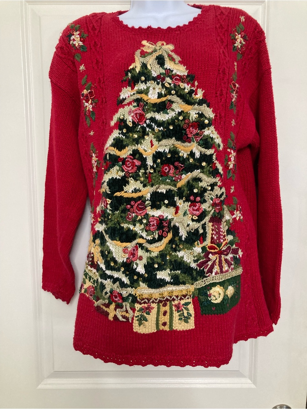 Vintage Tiara International Red Ugly Christmas Tree Beaded Embellished Sweater L